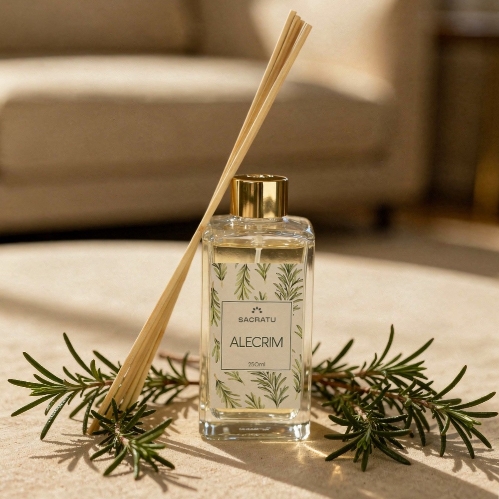 Difusor de ambiente Alecrim da Sacratu Perfumes, com galho de alecrim